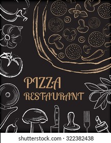 Pizza restaurant menu front page template with white chalk hand-drawn ingredients and beige pizza on black chalkboard background vector illustration