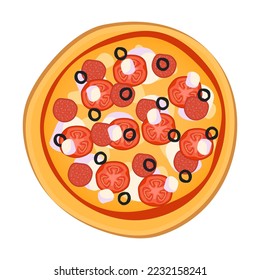 Pizza from restaurant menu isolated on background. Pizza with tomato sauce and juicy stuffing ingredients for pizzeria dish card. Vector illustration