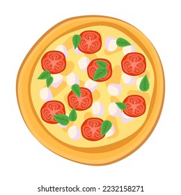 Pizza from restaurant menu isolated on background. Pizza with juicy stuffing ingredients for pizzeria dish card. Vector illustration