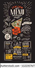 Menú del restaurante pizza. Un volante italiano para el bar y la cafetería. Plantilla de diseño con ilustraciones pintadas a mano antiguas.