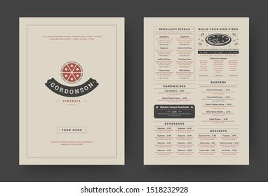 Pizza restaurant menu layout design brochure or food flyer template vector illustration. Pizzeria logo with vintage typographic decoration elements and fast food graphics.