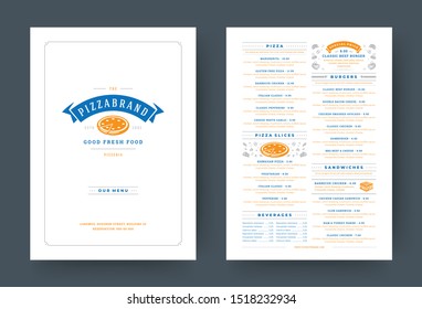 Pizza restaurant menu layout design brochure or food flyer template vector illustration. Pizzeria logo with vintage typographic decoration elements and fast food graphics.