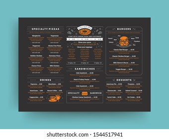 Pizza restaurant menu layout design brochure or food flyer template vector illustration. Pizzeria logo with vintage typographic decoration elements and fast food graphics.