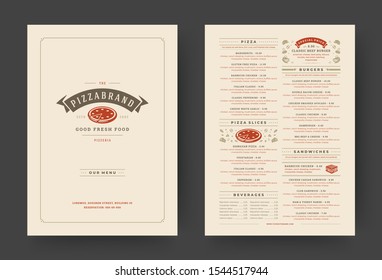 Pizza restaurant menu layout design brochure or food flyer template vector illustration. Pizzeria logo with vintage typographic decoration elements and fast food graphics.