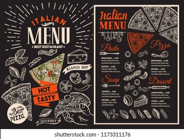 Pizza restaurant menu on blackboard vector food flyer for bar and cafe design template with vintage hand-drawn illustrations