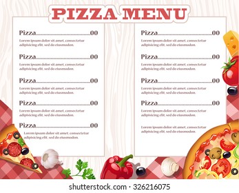 Pizza Restaurant Menu Template With Ingredients. Vector Illustration.