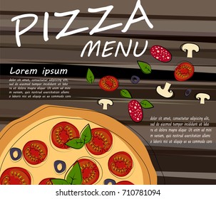 Pizza restaurant menu template with ingredients. Vector illustration.