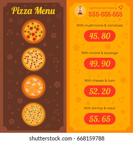 Pizza restaurant menu template layout with food cart vector illustration