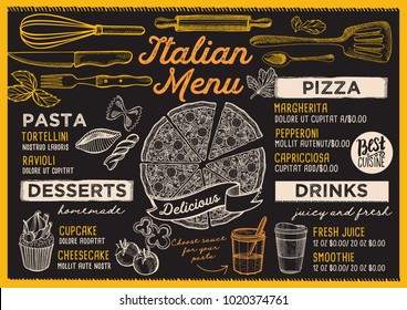 Pizza restaurant menu. Vector food flyer for bar and cafe. Design template with vintage hand-drawn illustrations.