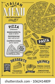 Pizza restaurant menu. Vector food flyer for bar and cafe. Design template with vintage hand-drawn illustrations.