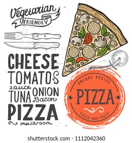 Pizza restaurant menu. Vector food flyer for bar and cafe. Design template with vintage hand-drawn illustrations.