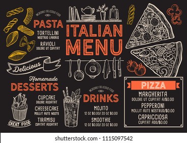 Menú del restaurante pizza. Volante de vectores para bar y cafetería. Plantilla de diseño con ilustraciones pintadas a mano antiguas.