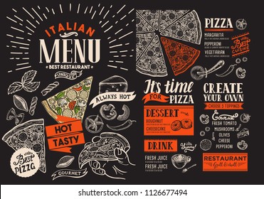 Pizza restaurant menu. Vector food flyer for bar and cafe on chalkboard background. Design template with vintage hand-drawn illustrations.