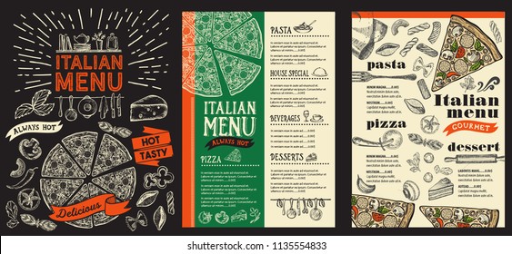 Pizza restaurant menu. Vector food flyer for bar and cafe. Design template with vintage hand-drawn illustrations on blackboard background.