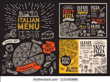 Pizza restaurant menu. Vector food flyer for bar and cafe. Design template with vintage hand-drawn illustrations on chalkboard.