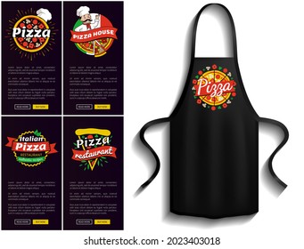 Pizza restaurant menus near pizzeria logo apron. Fastfood snack and bakery cooking. Cooking pizza in restaurant. Apron for cooking in kitchen and protection of clothes with pizzeria logotype