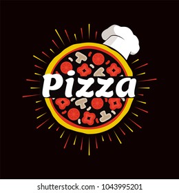 Pizza restaurant promo emblem with chef hat. Delicious pizza with fresh tomatoes, salami slices and fried mushrooms isolated vector illustration.