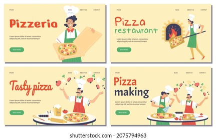 Pizza restaurant web banners bundle with cartoon cooks preparing tasty italian pizza, flat vector illustration. Landing page interface layout for pizzeria.