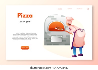 Pizza restaurant website template. Baker in kitchen flat character. Chef cooking pizza in stove. Chef baking bread isolated clipart. Bakery, restaurant, cafe, cafeteria staff. Pizzaiolo making dinner