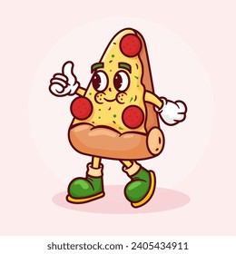 Pizza Retro Cartoon Mascot Illustration. Hand Drawn Fast Food