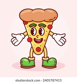 Pizza Retro Cartoon Mascot Illustration. Hand Drawn Fast Food