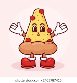 Pizza Retro Cartoon Mascot Illustration. Hand Drawn Fast Food