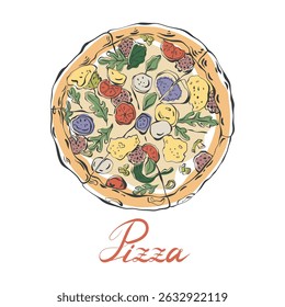 Pizza retro hand drawn ink vector illustration. Whole round pizza in whimsical style. Italian food vector illustration for menu design, card, packaging, banner, poster. Food vector illustration.