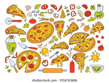 Pizza retro line cartoon set. Italian hand drawn pizzas with greens, pepper, tomato olive, cheese mushroom. Margarita and hawaiian, pepperoni or seafood. Pizza pieces and ingredients vector collection