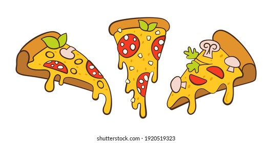 Pizza retro line contour cartoon set. Italian hand drawn pizzas with greens, pepper, tomato olive, cheese mushroom. Margarita and hawaiian, pepperoni. Pizza pieces and ingredients vector collection