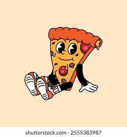 Pizza retro vintage mascot character clip art. Pizza Fast Food Retro vintage mascot character with gloved hand and foot. Walking, waving, standing, funny, cute.