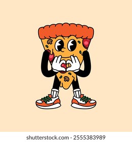 Pizza retro vintage mascot character clip art. Pizza Fast Food Retro vintage mascot character with gloved hand and foot. Walking, waving, standing, funny, cute.