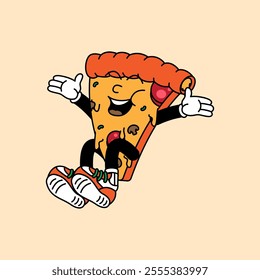 Pizza retro vintage mascot character clip art. Pizza Fast Food Retro vintage mascot character with gloved hand and foot. Walking, waving, standing, funny, cute.