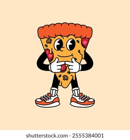 Pizza retro vintage mascot character clip art. Pizza Fast Food Retro vintage mascot character with gloved hand and foot. Walking, waving, standing, funny, cute.