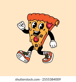 Pizza retro vintage mascot character clip art. Pizza Fast Food Retro vintage mascot character with gloved hand and foot. Walking, waving, standing, funny, cute.
