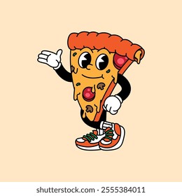 Pizza retro vintage mascot character clip art. Pizza Fast Food Retro vintage mascot character with gloved hand and foot. Walking, waving, standing, funny, cute.