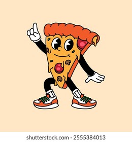 Pizza retro vintage mascot character clip art. Pizza Fast Food Retro vintage mascot character with gloved hand and foot. Walking, waving, standing, funny, cute.