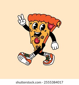 Pizza retro vintage mascot character clip art. Pizza Fast Food Retro vintage mascot character with gloved hand and foot. Walking, waving, standing, funny, cute.