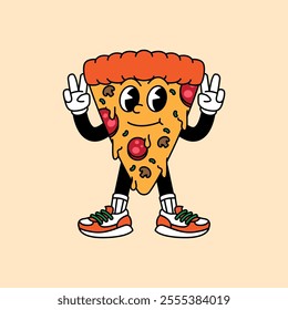 Pizza retro vintage mascot character clip art. Pizza Fast Food Retro vintage mascot character with gloved hand and foot. Walking, waving, standing, funny, cute.