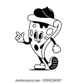 Pizza retro vintage mascot character clip art. Funny Pizza Fast Food with gloved hand and foot