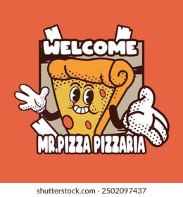 PIZZA RETRO WELCOME CHARACTER ILLUSTRATION