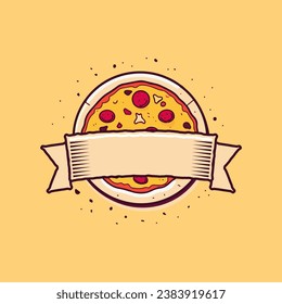 Pizza and a ribbon for the text. Vector pizzeria logo template.