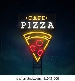 Pizza road sing. City sign neon. Logo, emblem. Pizza neon sign, bright signboard, light banner. 