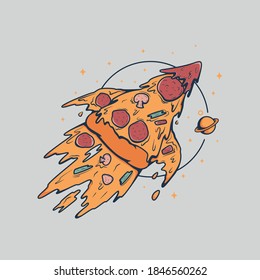 Pizza rocket with saturn planet vector illustration