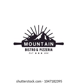 Pizza Rolling Pin, Pizzeria and Mountain Landscape Vintage Retro logo design 