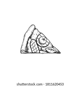 Pizza Romana piece. Top view. Hand drawn sketch style pizza with grilled veggies drawing. Traditional Italian fast food. Best for menu designs and packages. Vector illustration.