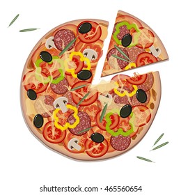 pizza with rosemary leaves on a white background