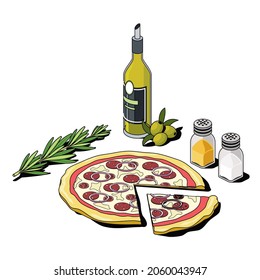 Pizza, rosemary, olive oil, pepper and salt in jars. Vector 3d sketch line isometric style, color icon illustration. Creative design idea and infographics elements.