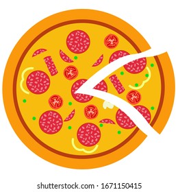 Pizza round top view. Vector illustration .. Isolated white background.
