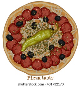 pizza with salami and bell pepper, freehand drawing