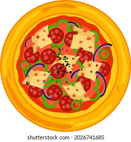 Pizza with salami, cheese, onion and pepper. Top view, isolated on a white background, vector illustration. Delicious, juicy pizza.